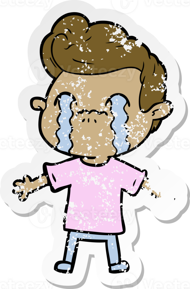 distressed sticker of a cartoon man crying png