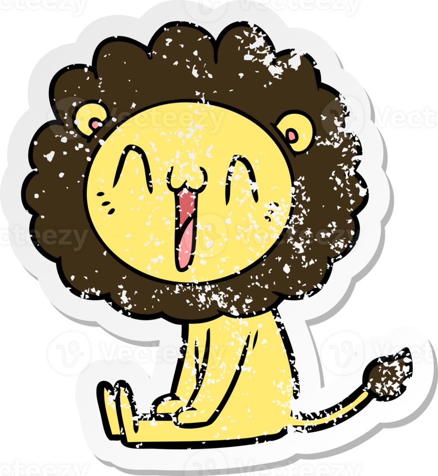 distressed sticker of a happy cartoon lion png