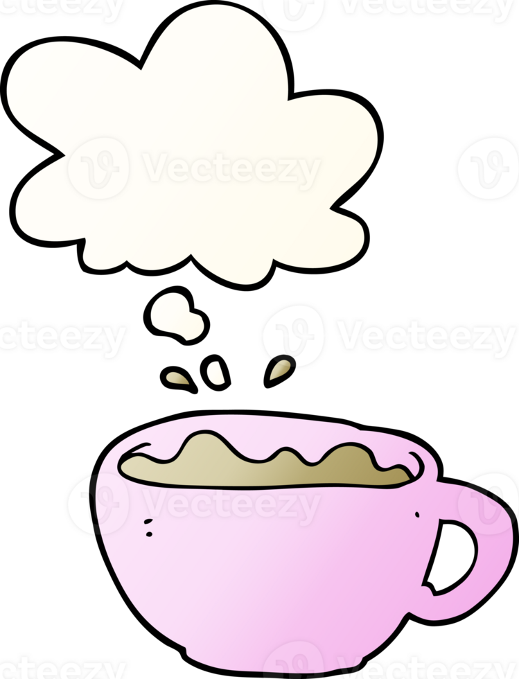 cartoon coffee cup with thought bubble in smooth gradient style png