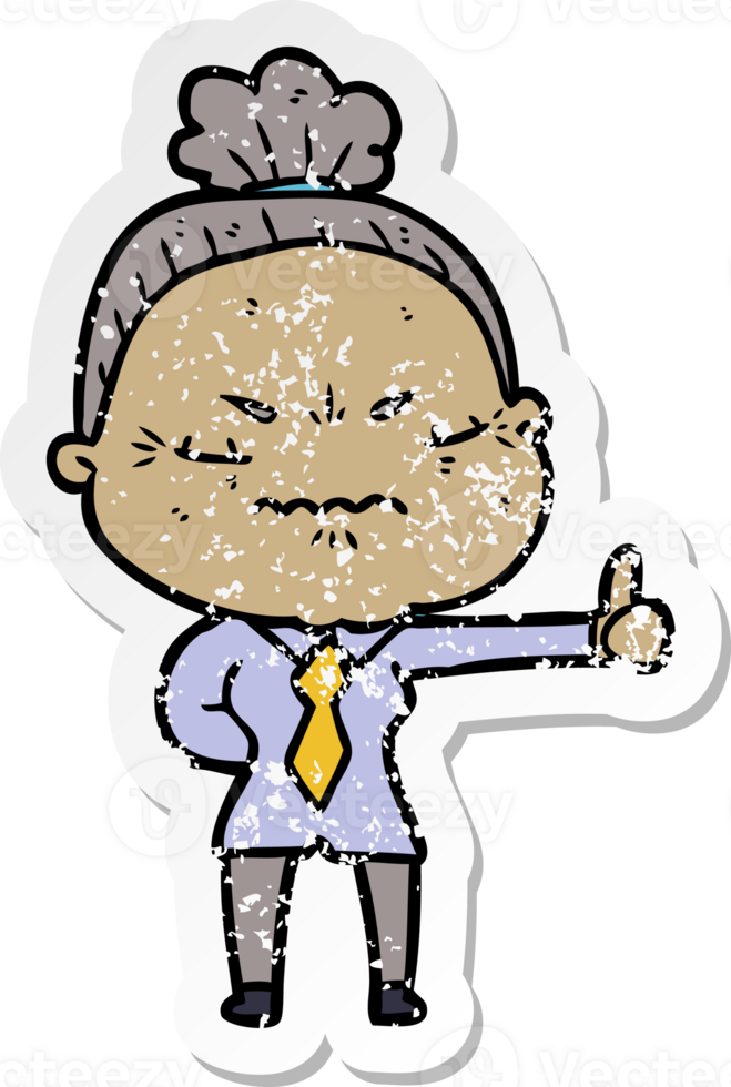 distressed sticker of a cartoon annoyed old lady png
