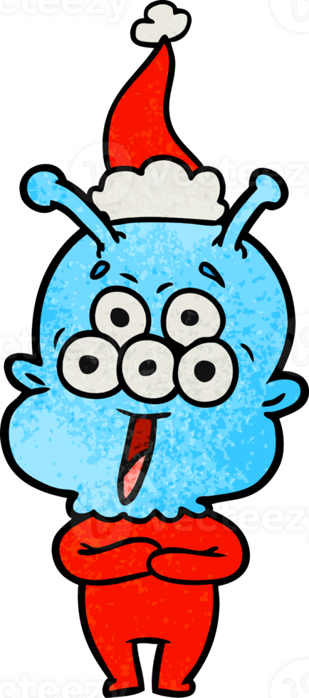 happy hand drawn textured cartoon of a alien wearing santa hat png