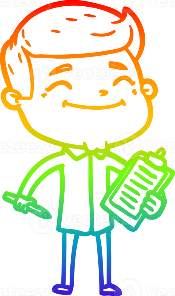 rainbow gradient line drawing of a happy cartoon man taking survey png