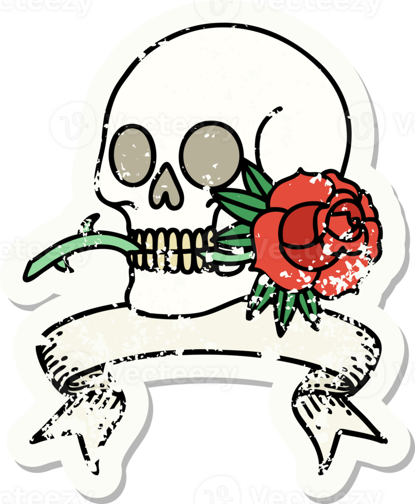worn old sticker with banner of a skull and rose png