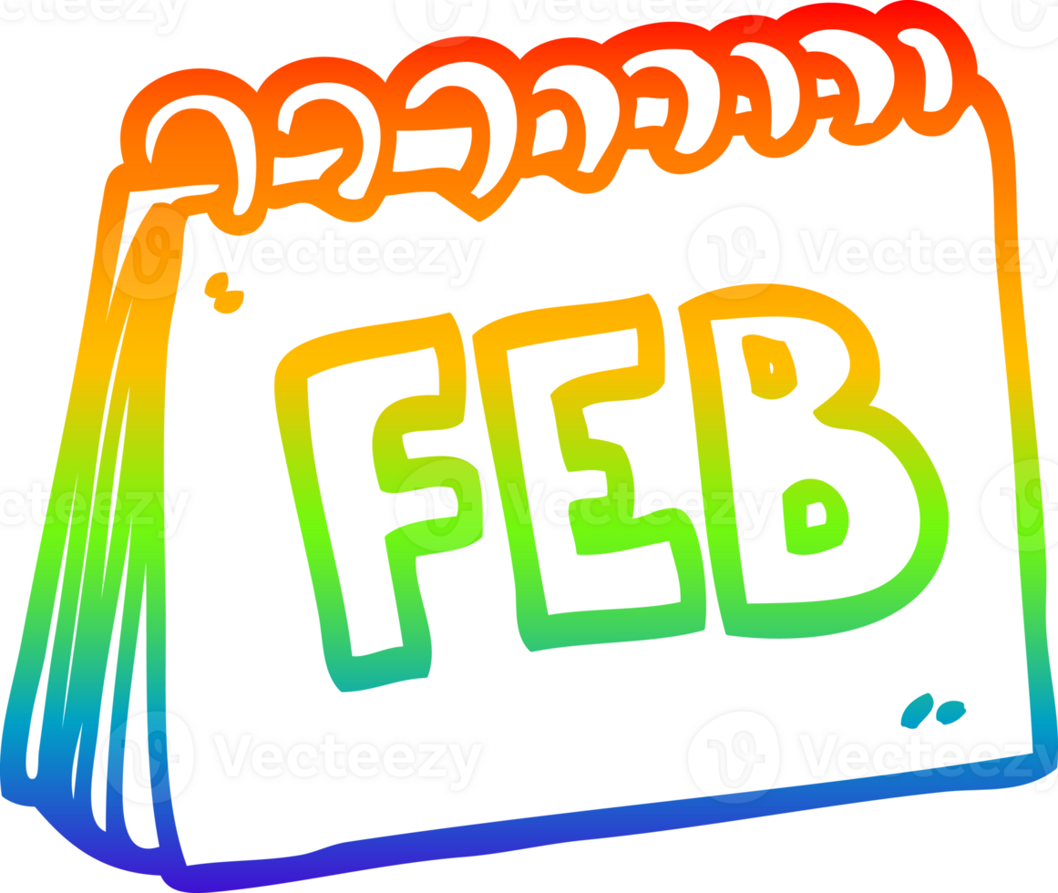 rainbow gradient line drawing of a cartoon calendar showing month of February png