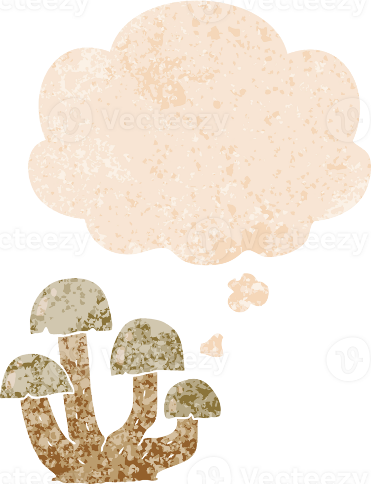 cartoon mushroom with thought bubble in grunge distressed retro textured style png
