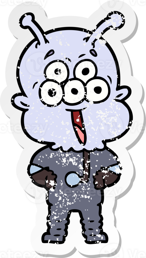 distressed sticker of a happy cartoon alien png