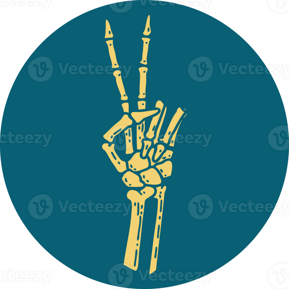 iconic tattoo style image of a skeleton giving a peace sign png