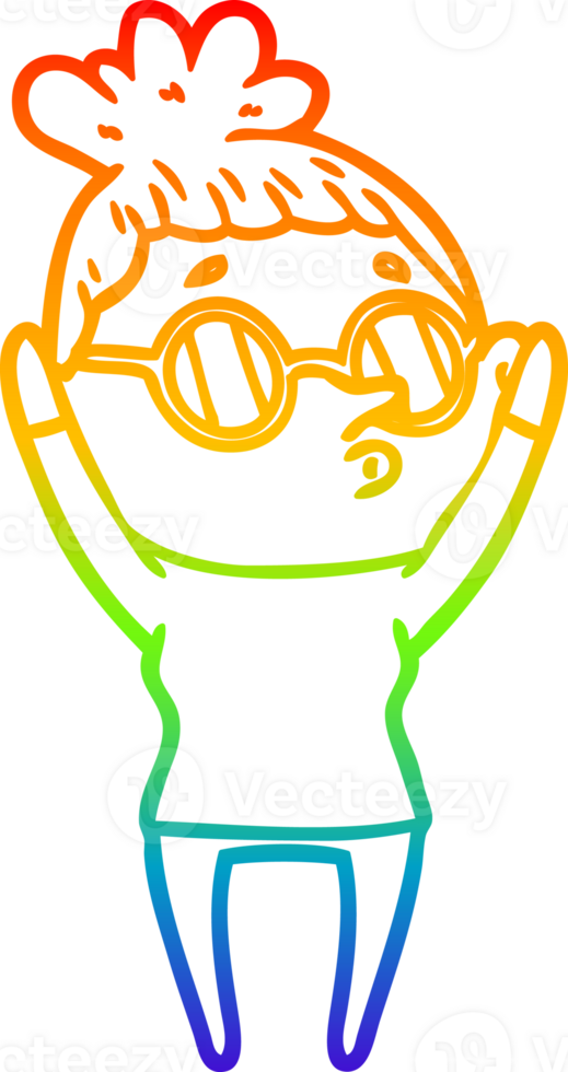 rainbow gradient line drawing of a cartoon woman wearing glasses png