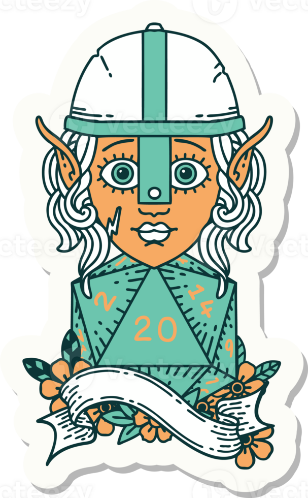sticker of a elf fighter character with natural twenty dice roll png