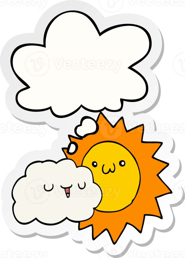 cartoon sun and cloud with thought bubble as a printed sticker png