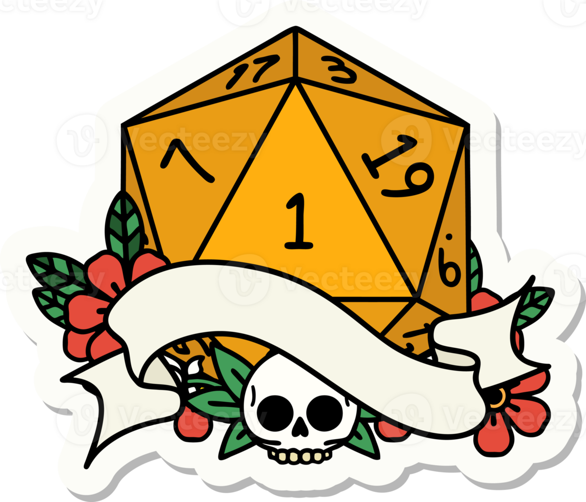 sticker of a natural one d20 dice roll png