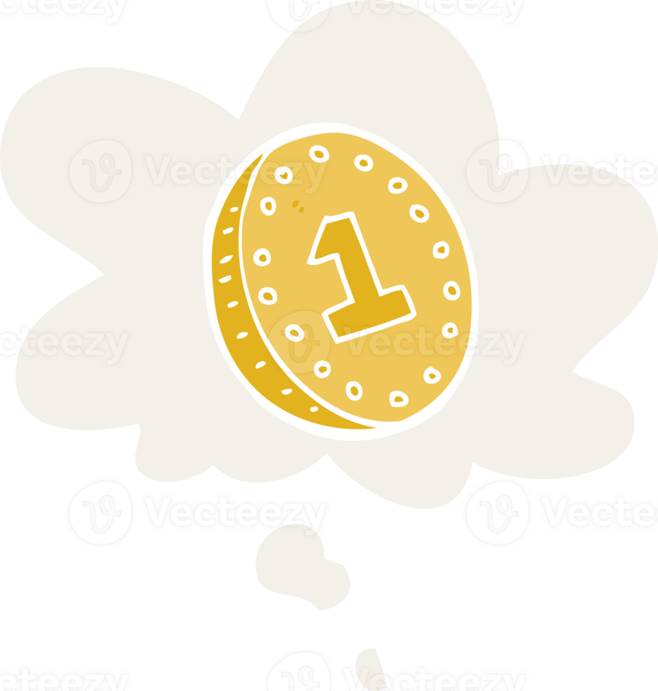 cartoon coin with thought bubble in retro style png