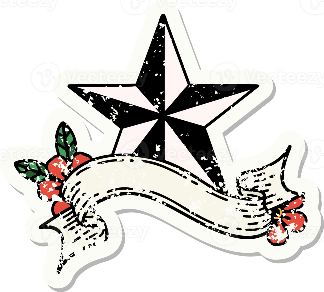 worn old sticker with banner of a star png