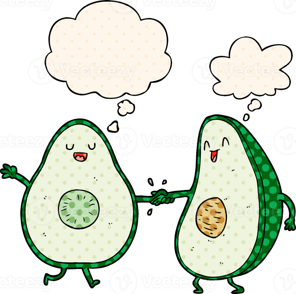 cartoon dancing avocados with thought bubble in comic book style png