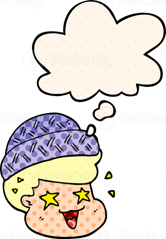 cartoon boy wearing hat with thought bubble in comic book style png