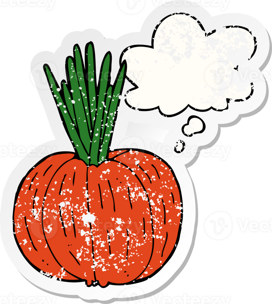 cartoon vegetable with thought bubble as a distressed worn sticker png