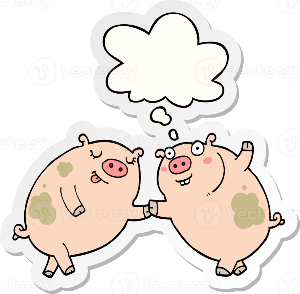 cartoon pigs dancing with thought bubble as a printed sticker png
