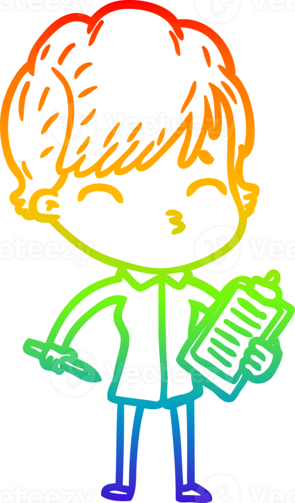 rainbow gradient line drawing of a cartoon woman thinking png