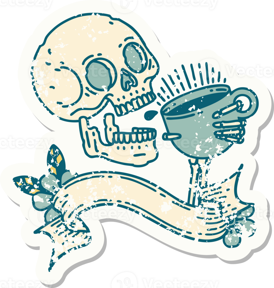worn old sticker with banner of a skull drinking coffee png