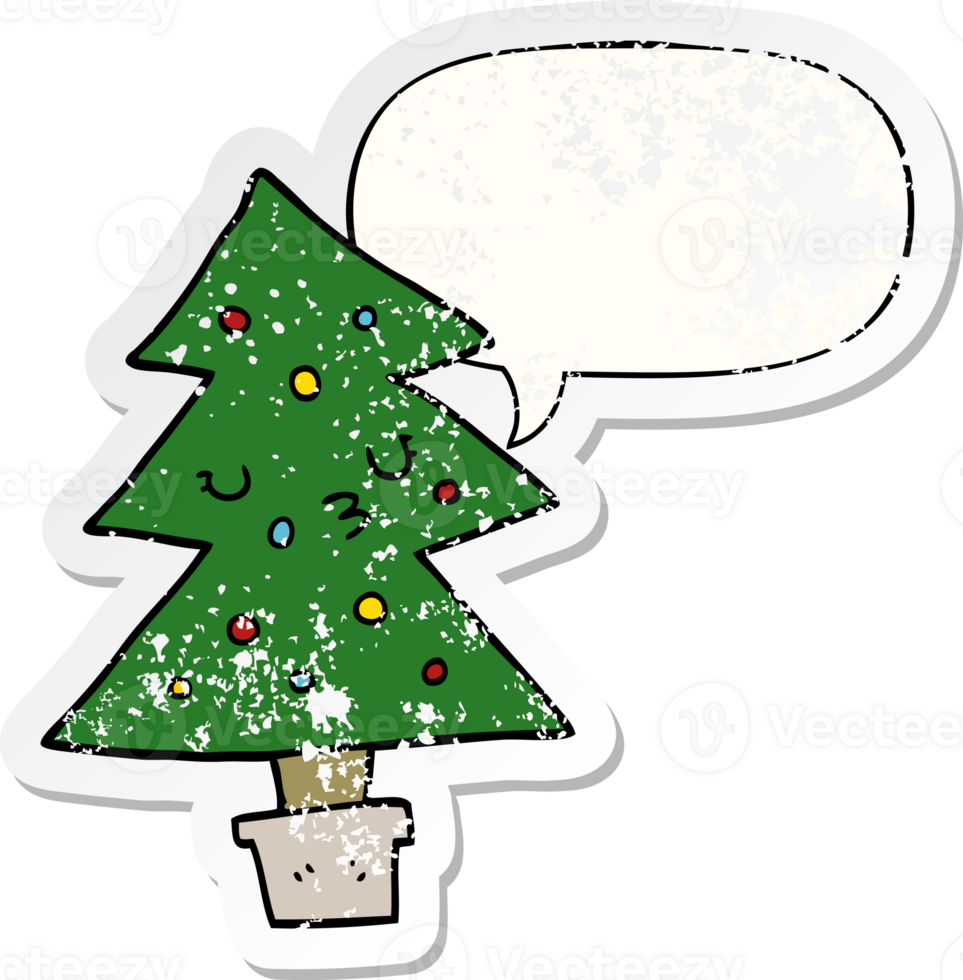 cartoon christmas tree with speech bubble distressed distressed old sticker png