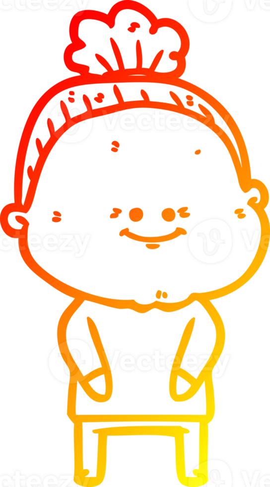warm gradient line drawing of a cartoon happy old woman png