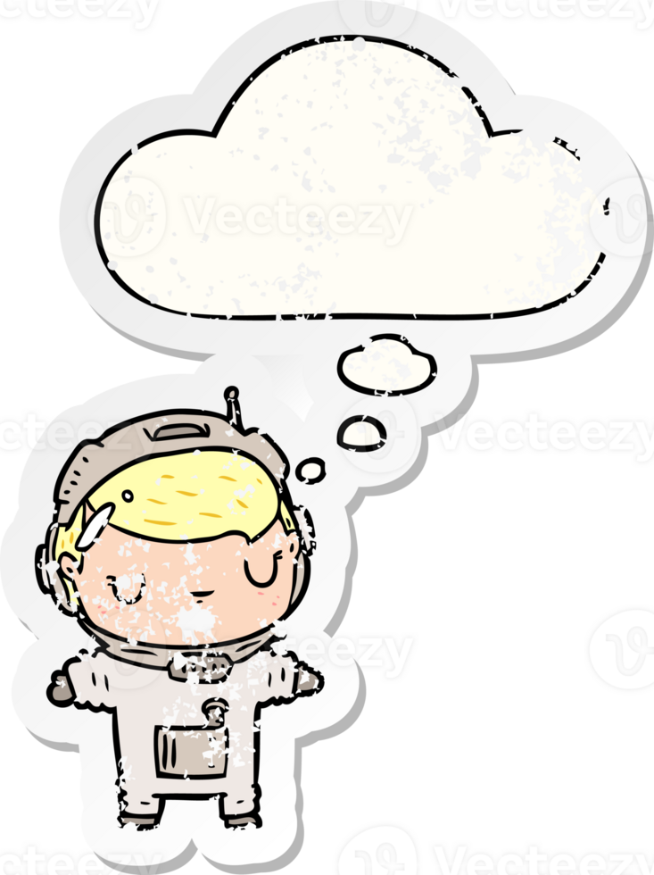 cartoon astronaut with thought bubble as a distressed worn sticker png