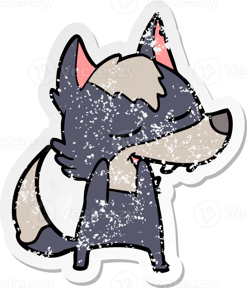 distressed sticker of a cartoon wolf laughing png