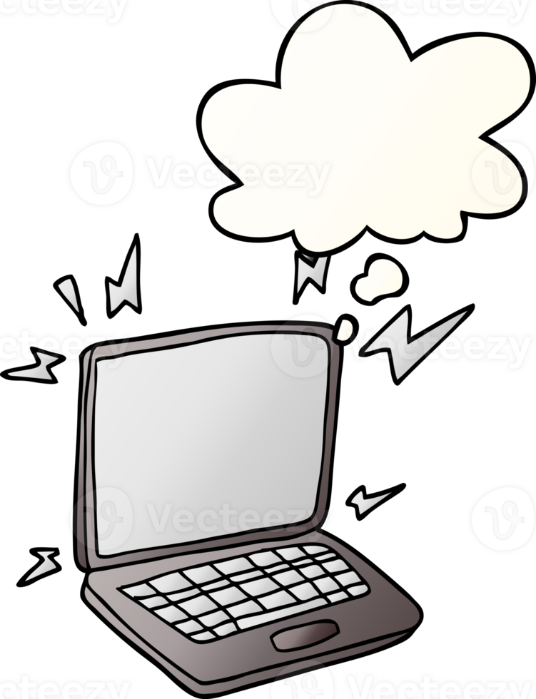 cartoon laptop computer with thought bubble in smooth gradient style png
