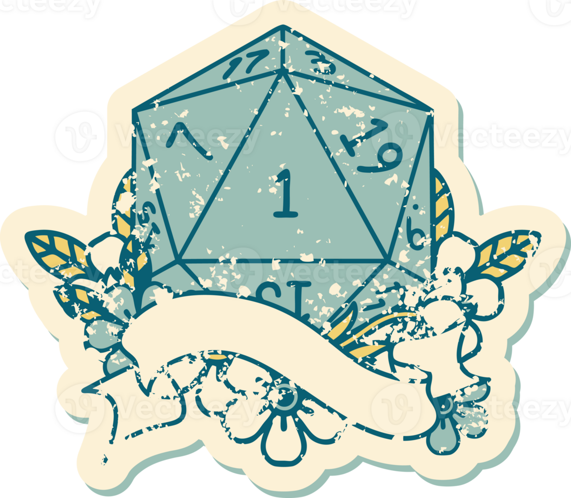 Retro Tattoo Style natural one d20 dice roll png