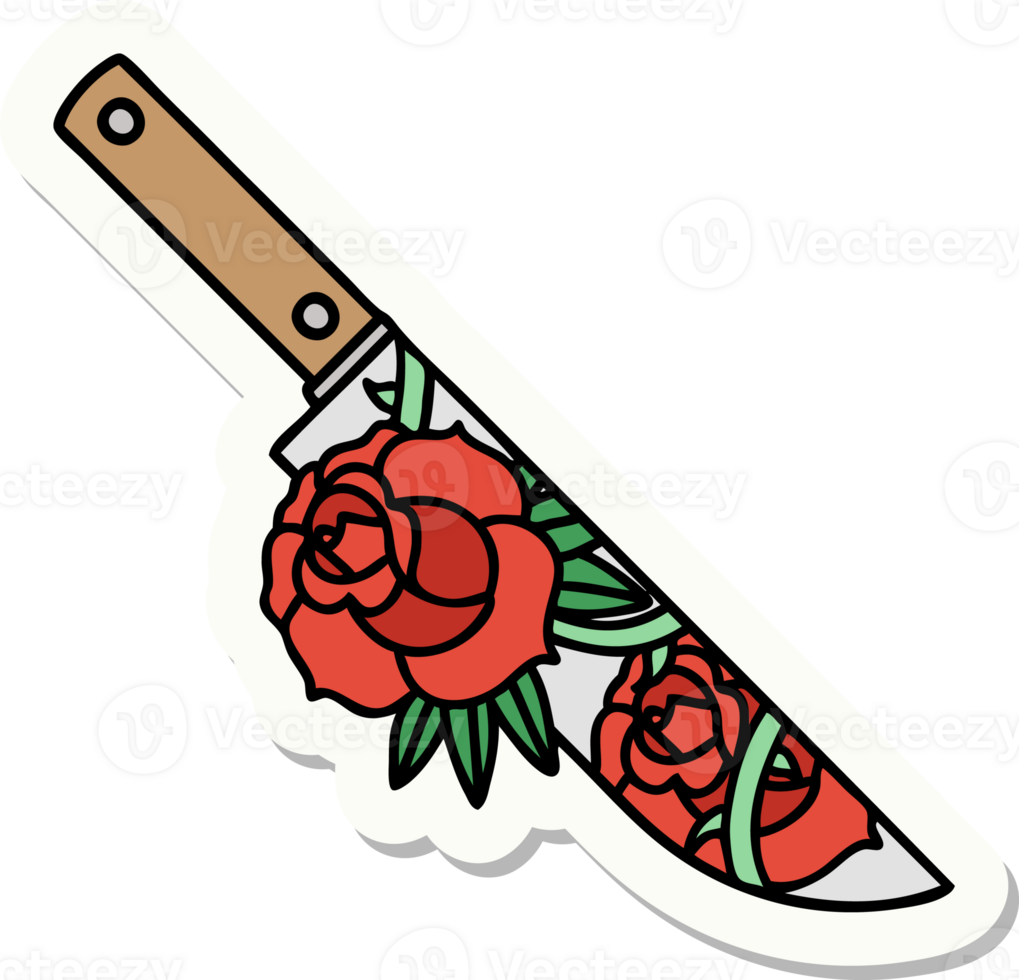 sticker of tattoo in traditional style of a dagger and flowers png