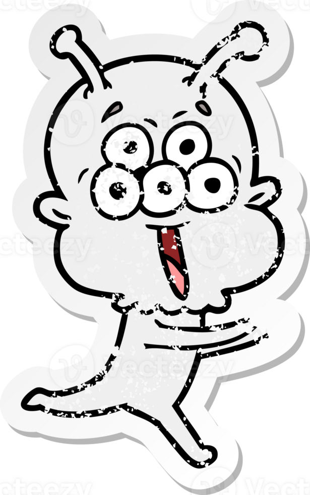 distressed sticker of a happy cartoon alien running png