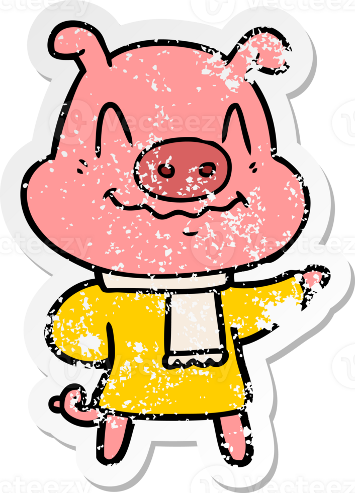 distressed sticker of a nervous cartoon pig wearing scarf png