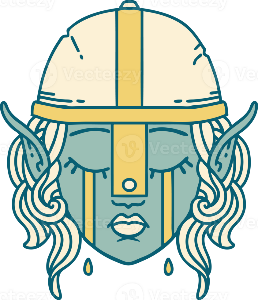 Retro Tattoo Style crying elven fighter character face png