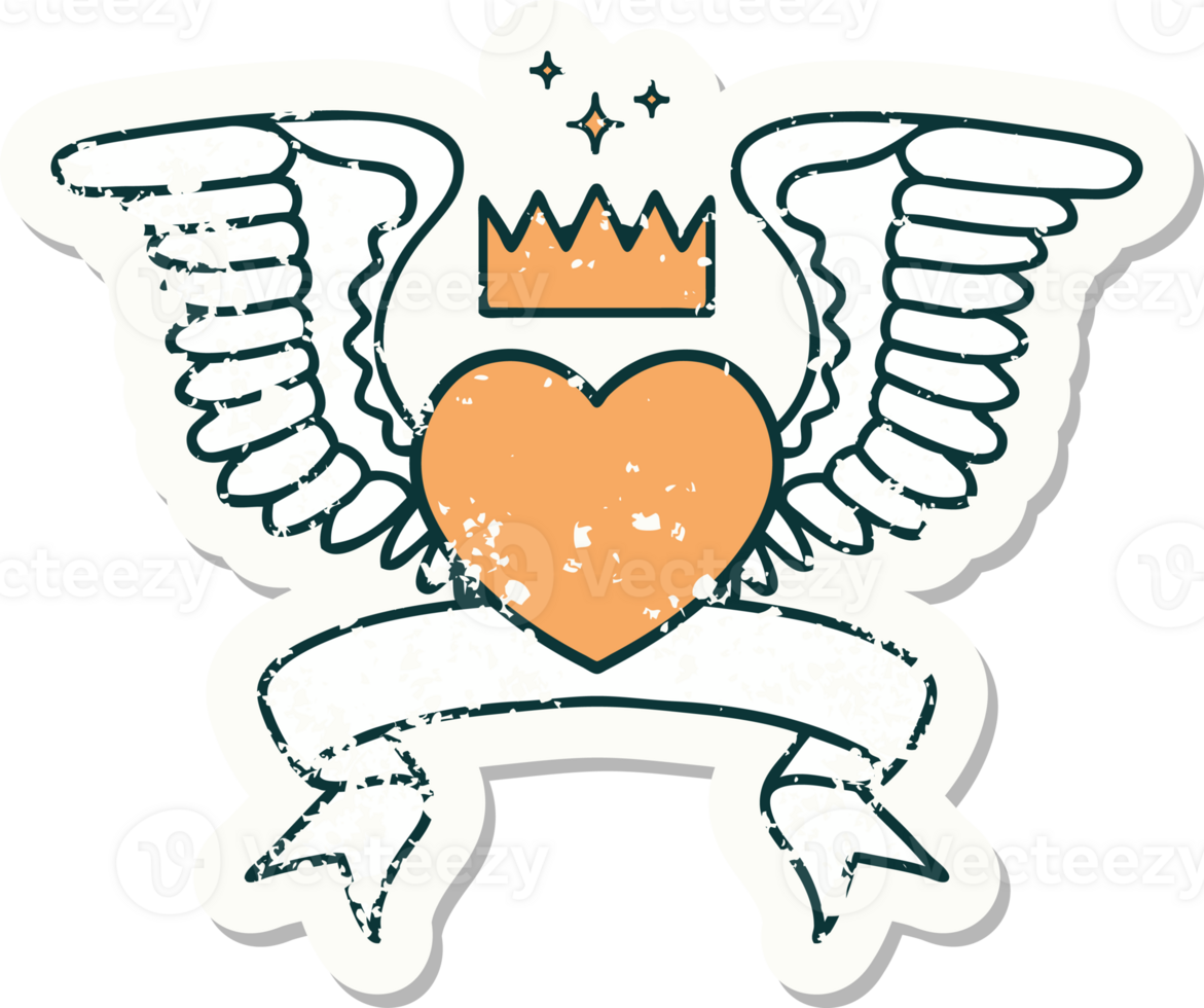 worn old sticker with banner of a heart with wings png
