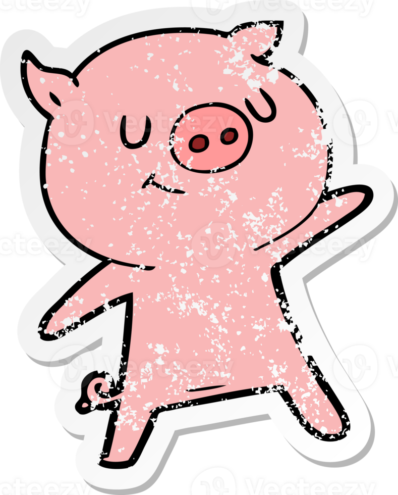 distressed sticker of a happy cartoon pig waving png