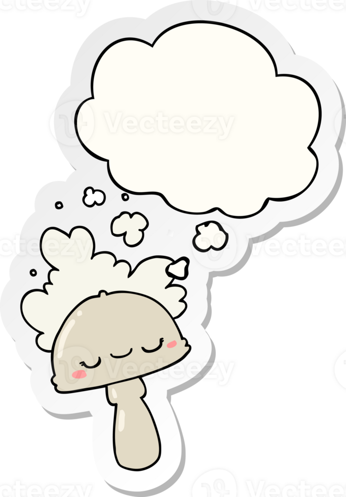 cartoon mushroom with spoor cloud with thought bubble as a printed sticker png