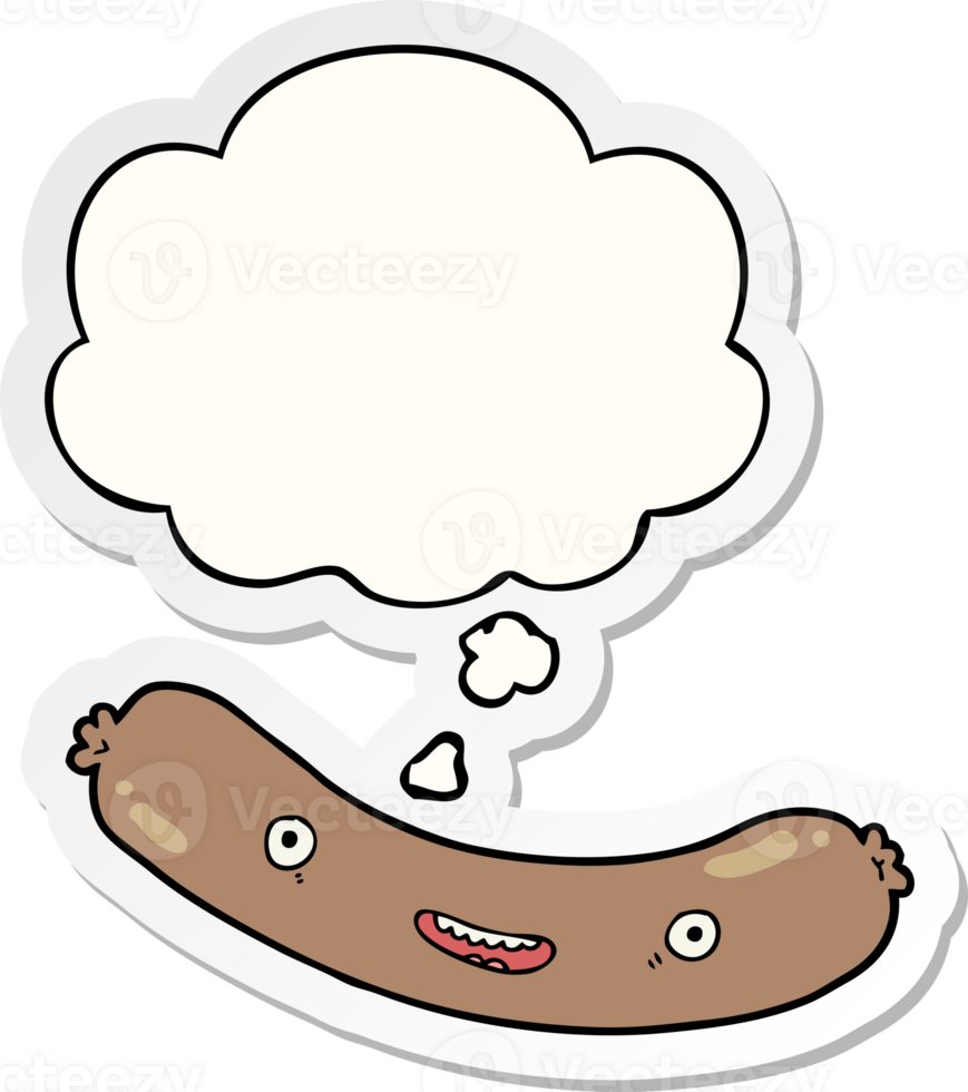 cartoon sausage with thought bubble as a printed sticker png