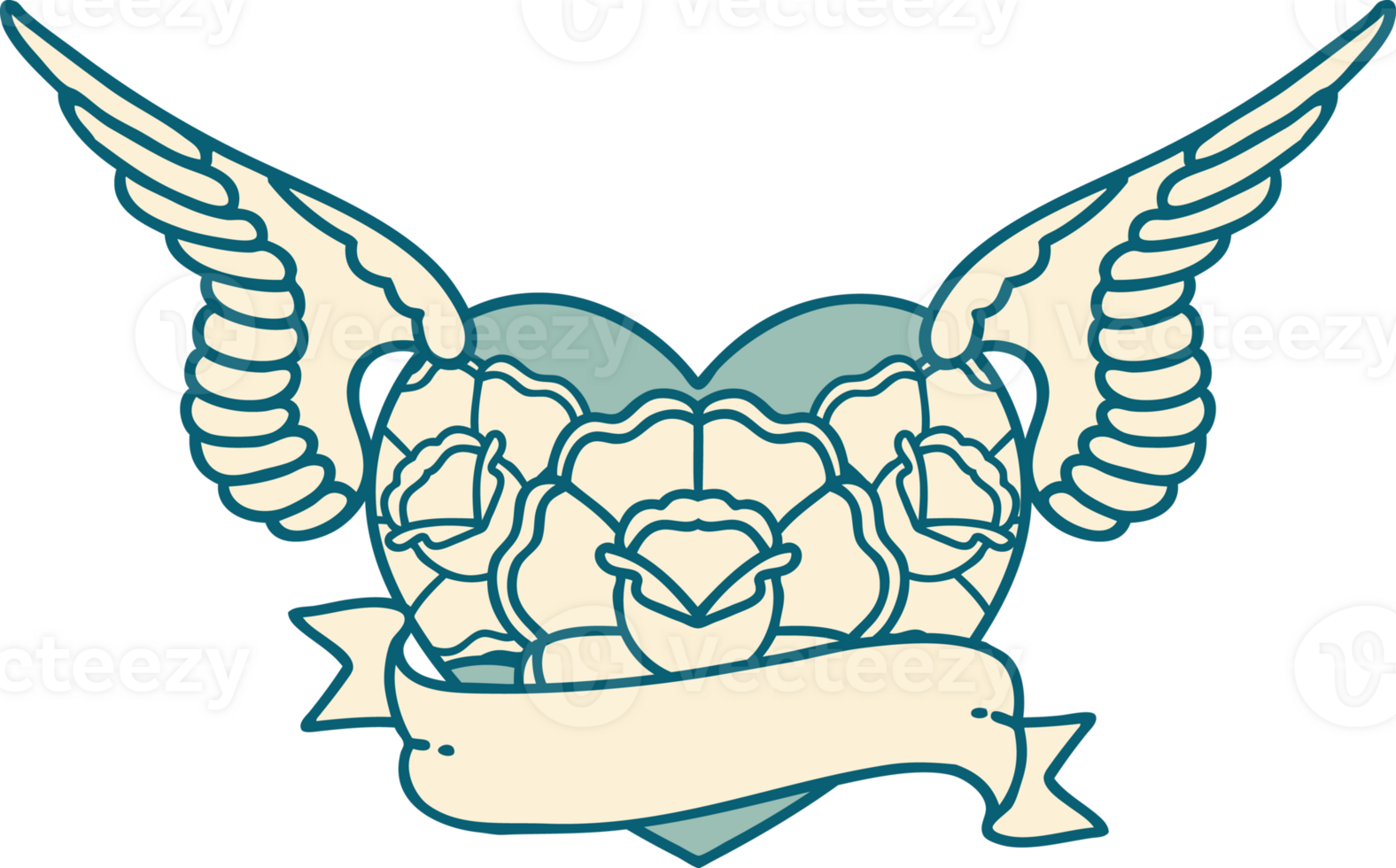 iconic tattoo style image of a flying heart with flowers and banner png