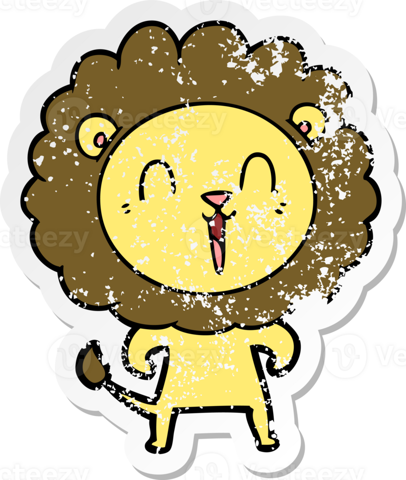 distressed sticker of a laughing lion cartoon png