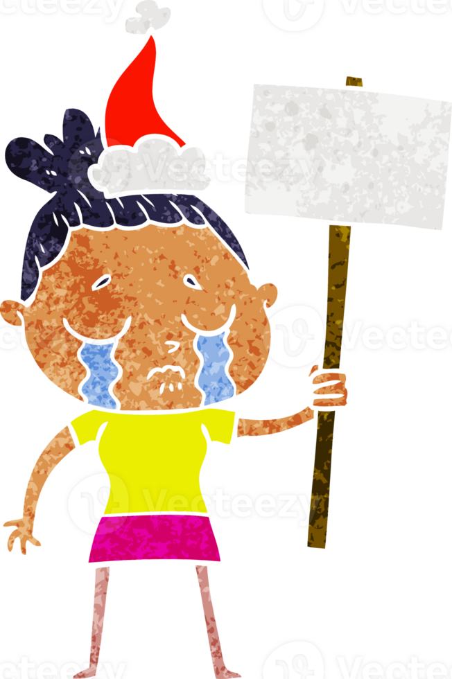 hand drawn retro cartoon of a crying woman with protest sign wearing santa hat png