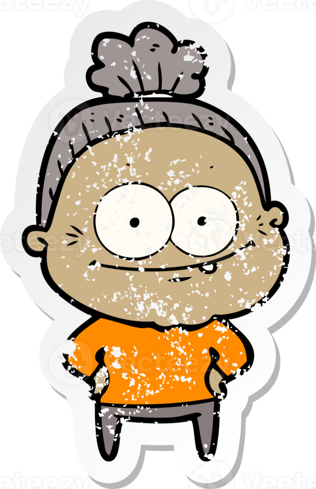 distressed sticker of a cartoon happy old woman png
