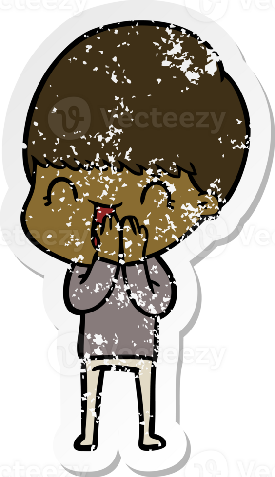 distressed sticker of a happy cartoon boy png