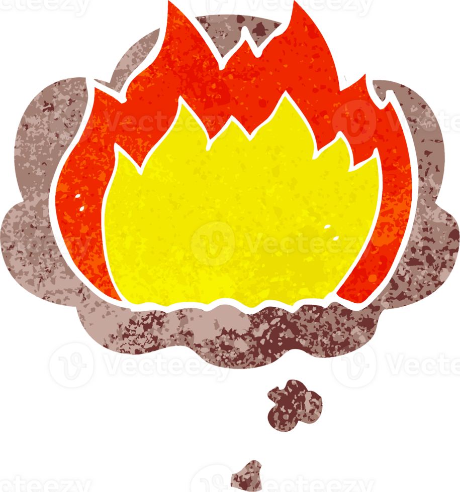 cartoon fire with thought bubble in grunge distressed retro textured style png