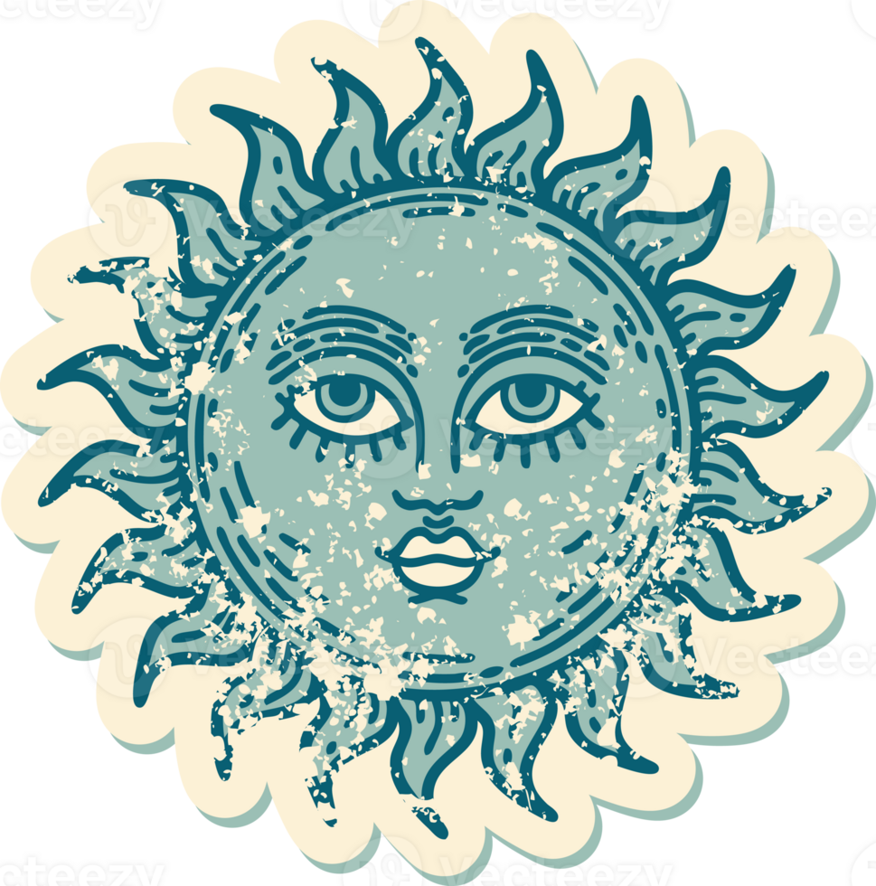 iconic distressed sticker tattoo style image of a sun with face png