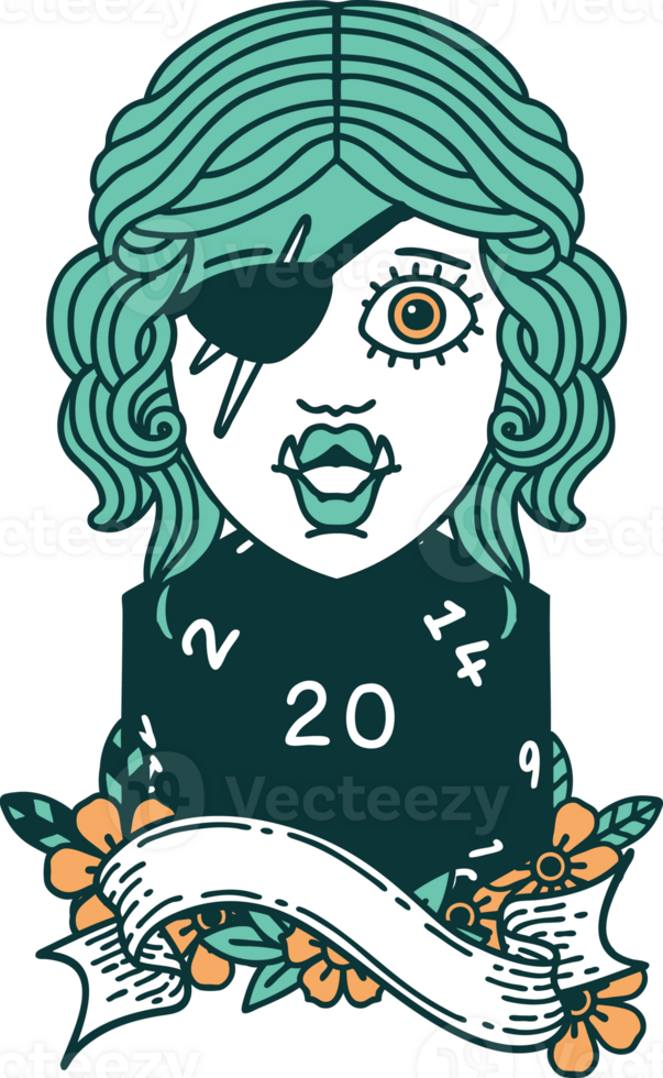 Retro Tattoo Style orc rogue character with natural twenty dice roll png