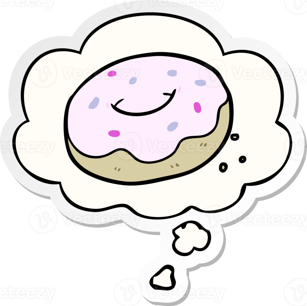 cartoon donut with thought bubble as a printed sticker png