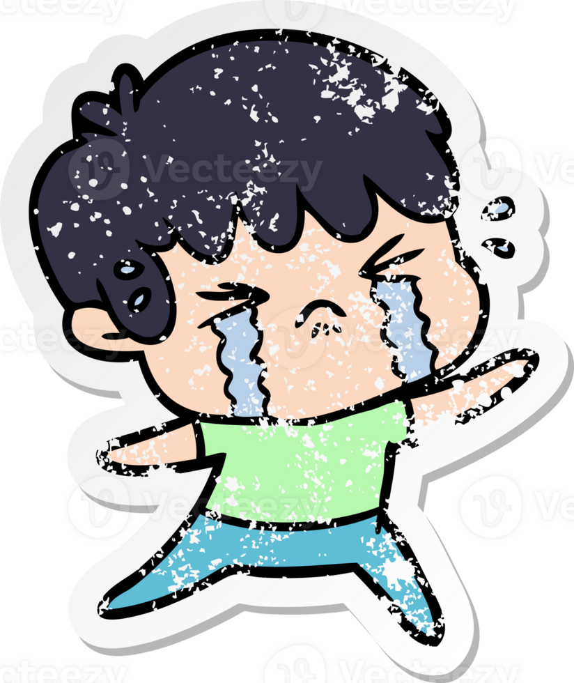 distressed sticker of a cartoon boy crying png