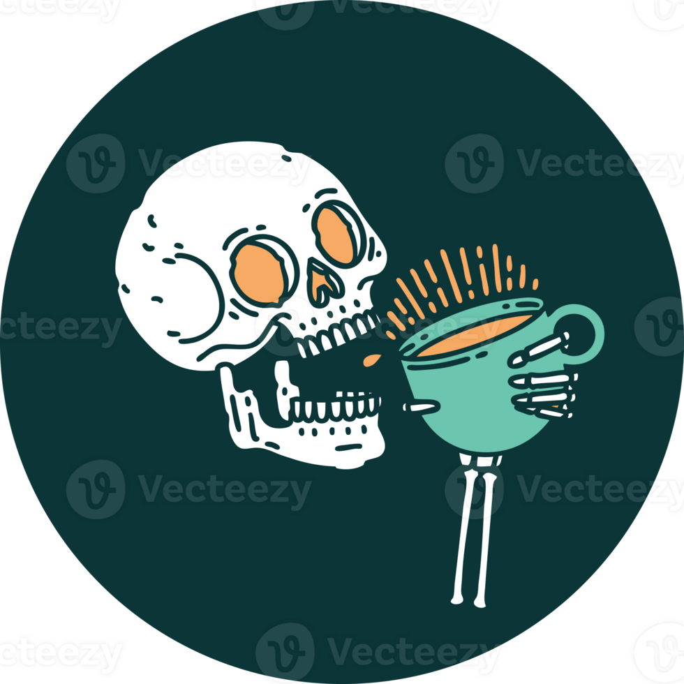 iconic tattoo style image of a skull drinking coffee png