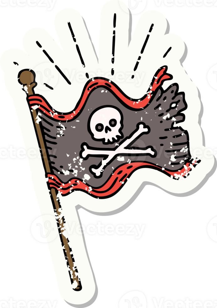 worn old sticker of a tattoo style waving pirate flag png