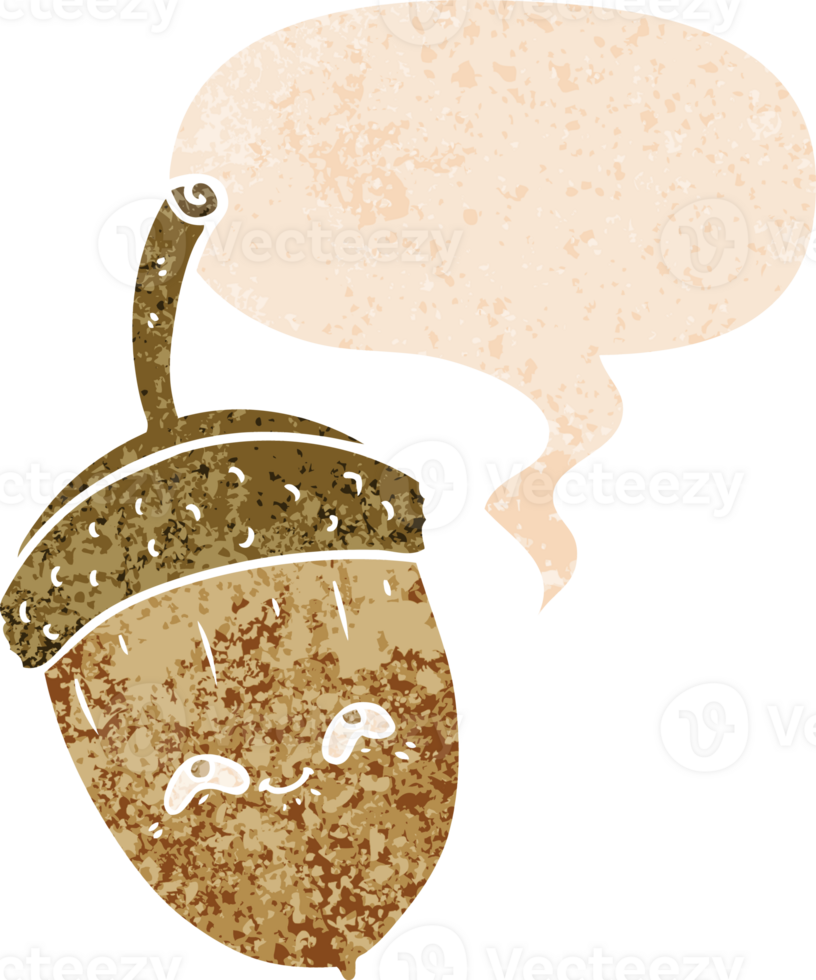 cartoon acorn with speech bubble in grunge distressed retro textured style png